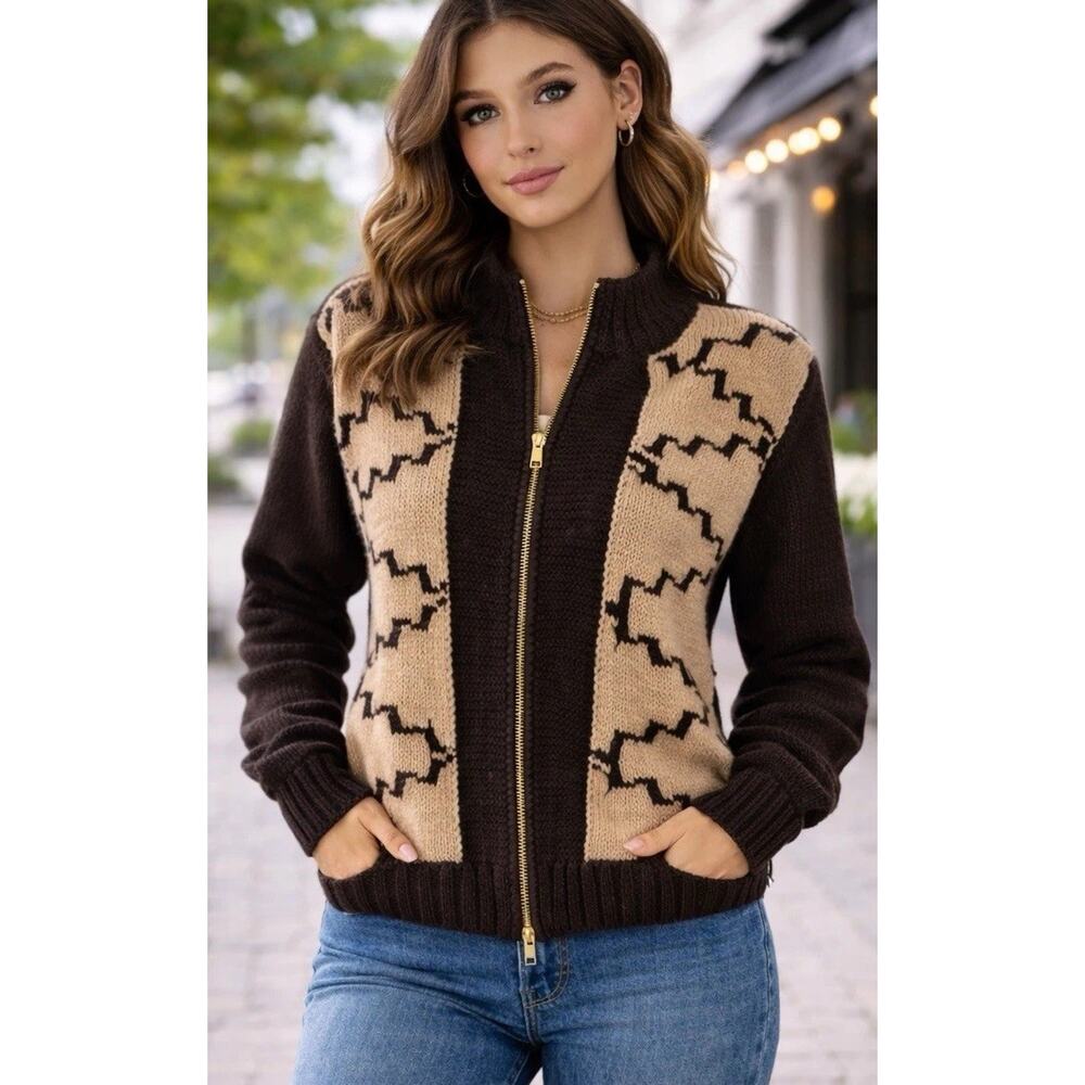 Vintage 50s 60s Cardigan Size Wool Hand Knit Talon Zipper Brown Tan Southwest